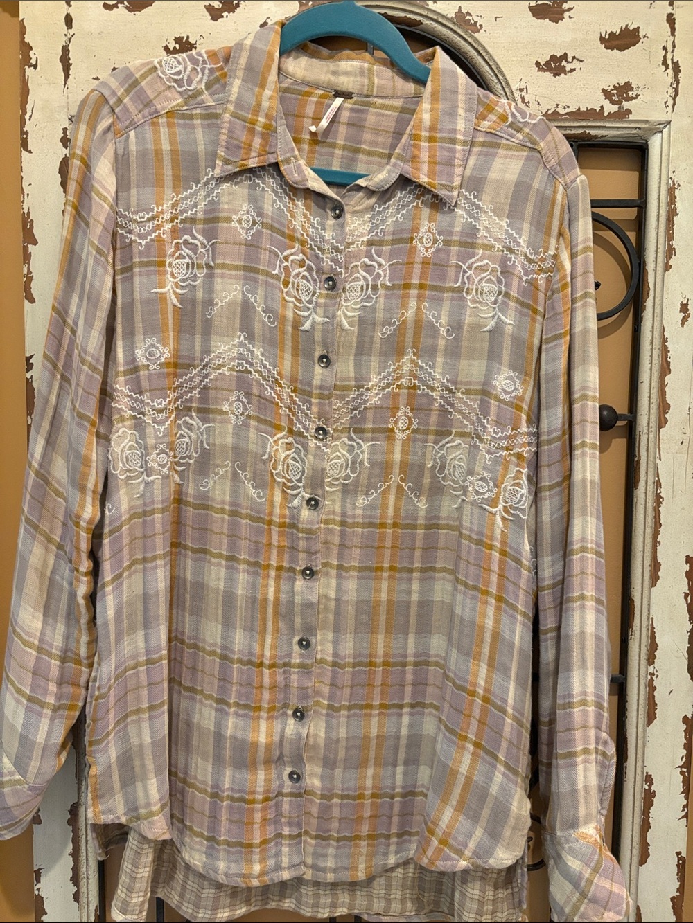 Free People Plaid Button-Down Shirt in Lavender, Beige & Mustard